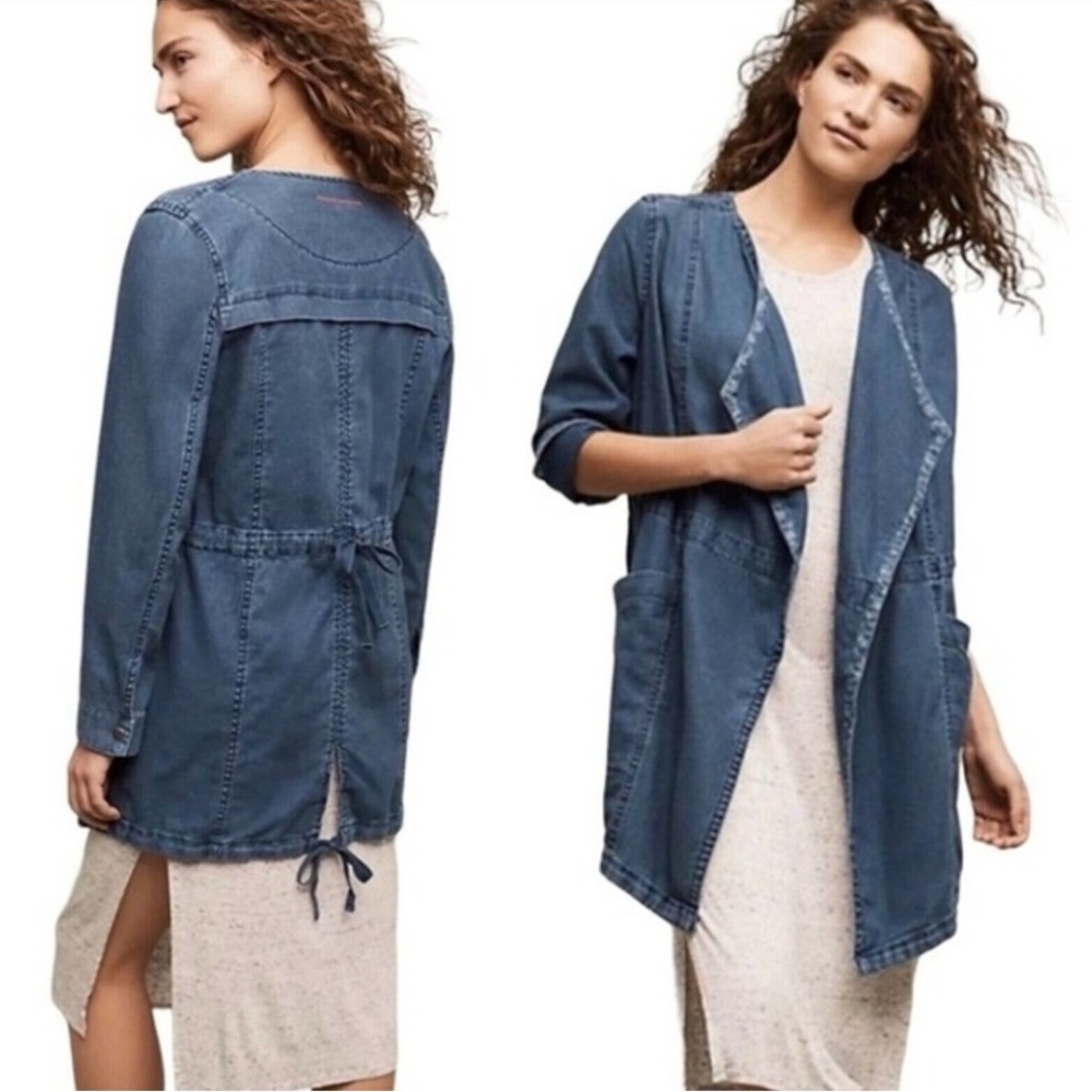 Anthropologie Hei Hei Blue Linen/Cotton Blend High Plains Open Front Jacket Sz.L
